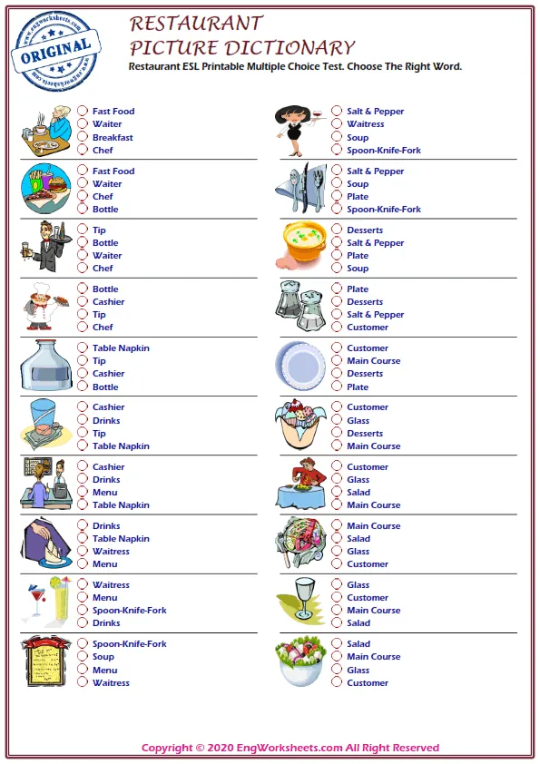 Restaurant ESL Printable Multiple Choice Test. Choose The Right Word.