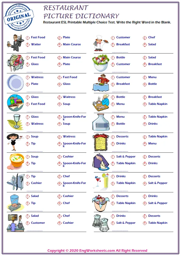Restaurant ESL Printable Multiple Choice Test. Write the Right Word in the Blank.