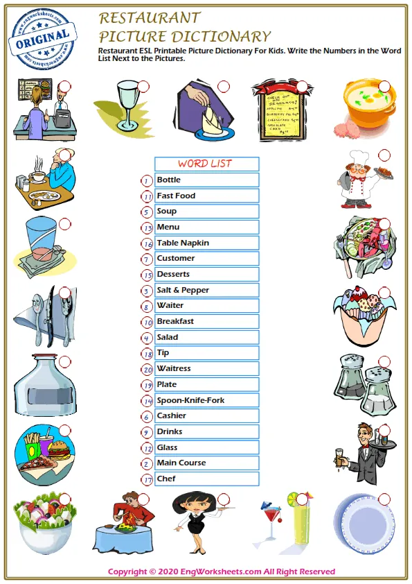 Restaurant ESL Printable Picture Dictionary For Kids. Write the Numbers in the Word List Next to the Pictures. Worksheet Preview