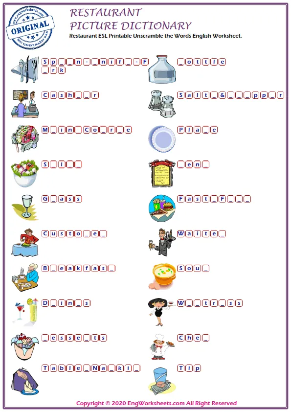 Restaurant ESL Printable Unscramble the Words English Worksheet. Worksheet Preview