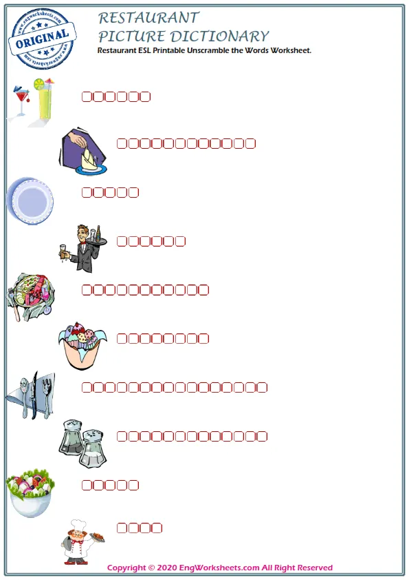 Restaurant ESL Printable Unscramble the Words Worksheet. Worksheet Preview