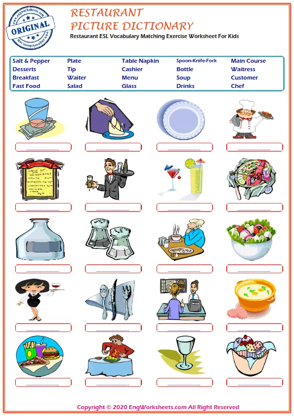 Restaurant ESL Vocabulary Matching Exercise Worksheet For Kids Worksheet Preview