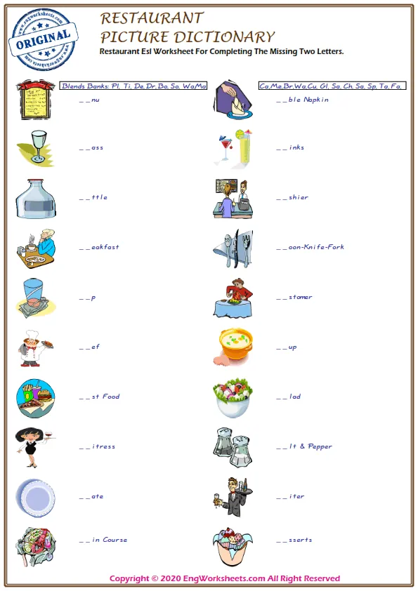 Restaurant Esl Worksheet For Completing The Missing Two Letters. Worksheet Preview