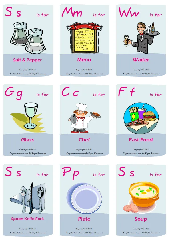 Restaurant vocabulary worksheet with words, nine images per page