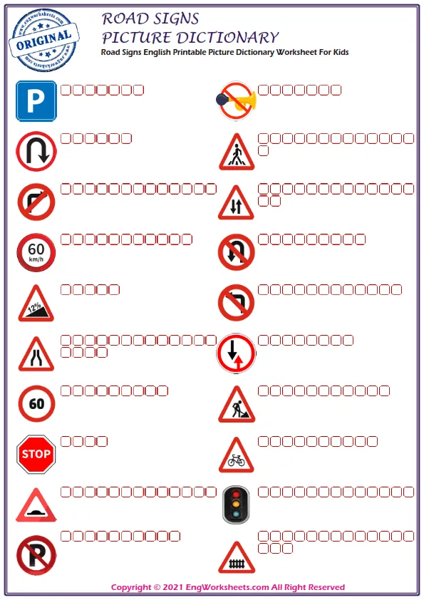 Road Signs English Printable Picture Dictionary Worksheet For Kids Worksheet Preview