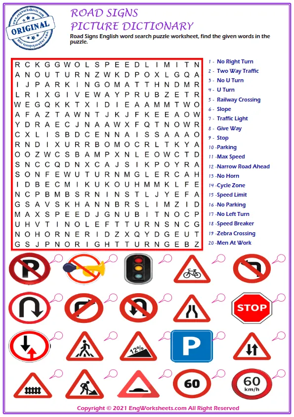 Road Signs English word search puzzle worksheet, find the given words in the puzzle. Worksheet Preview
