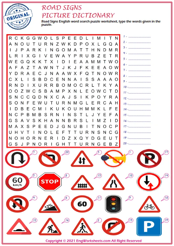 Road Signs English word search puzzle worksheet, type the words given in the puzzle. Worksheet Preview