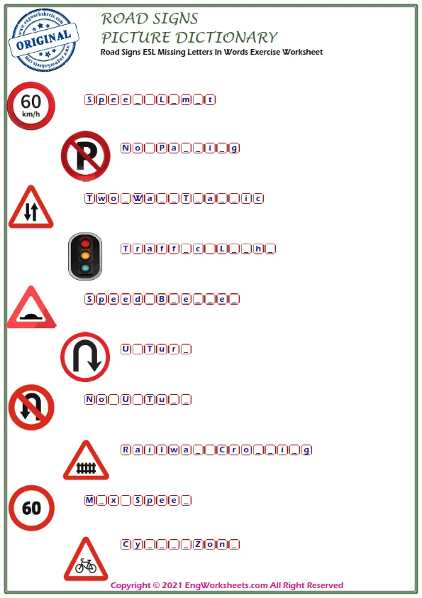 Road Signs ESL Missing Letters In Words Exercise Worksheet Worksheet Preview