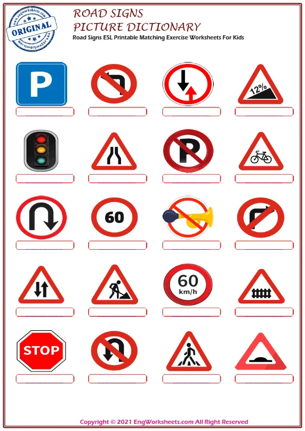 Road Signs ESL Printable Picture Dictionary Worksheet For Kids Worksheet Preview