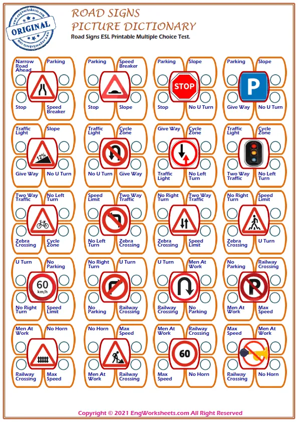 Road Signs ESL Printable Multiple Choice Test. Worksheet Preview
