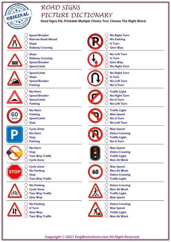 Road Signs ESL Printable Multiple Choice Test. Choose The Right Word.