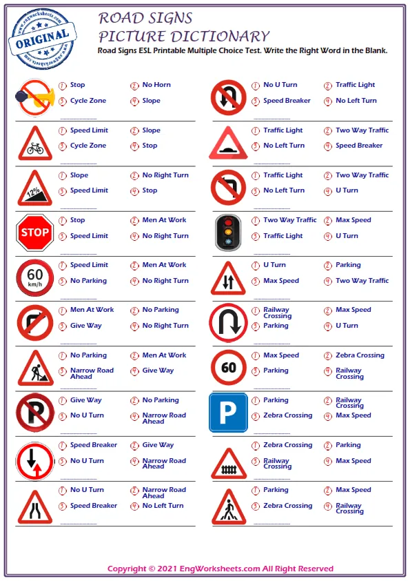 Road Signs ESL Printable Multiple Choice Test. Write the Right Word in the Blank. Worksheet Preview