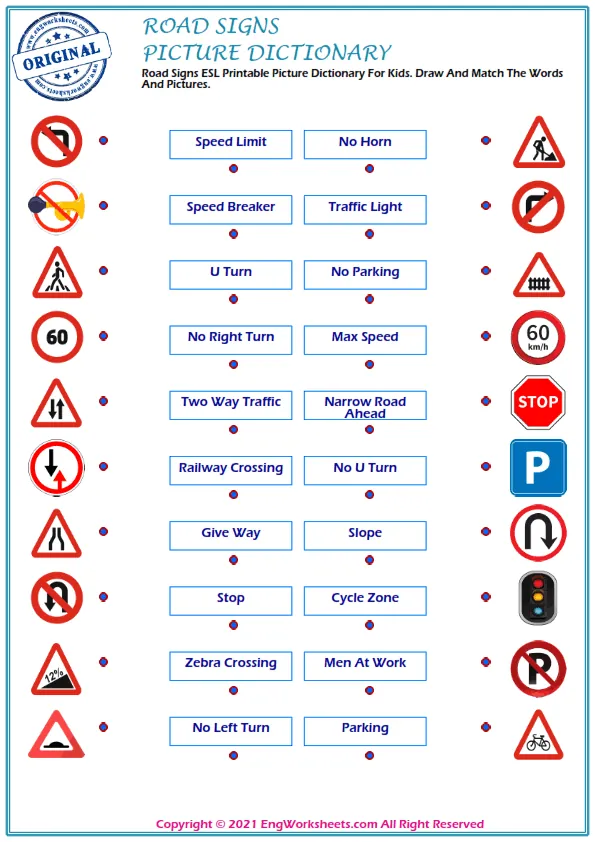 Road Signs ESL Printable Picture Dictionary For Kids. Draw And Match The Words And Pictures.