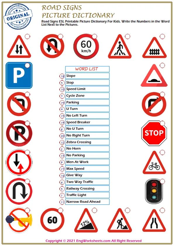 Road Signs ESL Printable Picture Dictionary For Kids. Write the Numbers in the Word List Next to the Pictures. Worksheet Preview