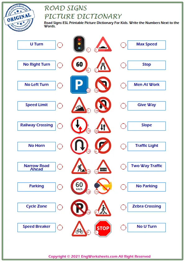 Road Signs ESL Printable Picture Dictionary For Kids. Write the Numbers Next to the Words. Worksheet Preview