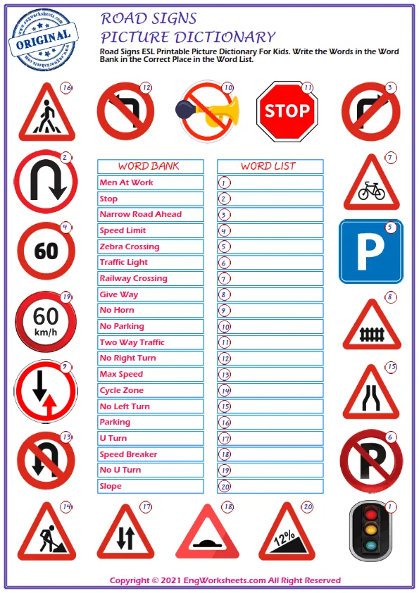 Road Signs ESL Printable Picture Dictionary For Kids. Write the Words in the Word Bank in the Correct Place in the Word List. Worksheet Preview
