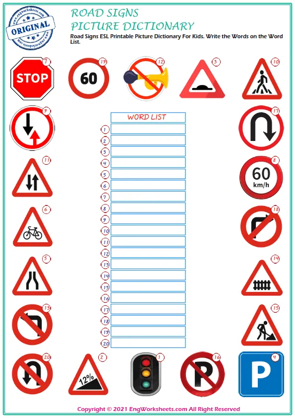 Road Signs ESL Printable Picture Dictionary For Kids. Write the Words on the Word List. Worksheet Preview