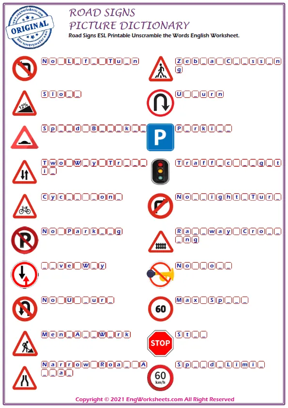 Road Signs ESL Printable Unscramble the Words English Worksheet. Worksheet Preview