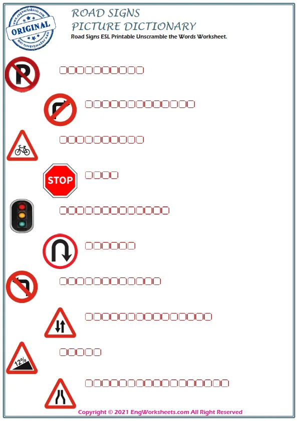 Road Signs ESL Printable Unscramble the Words Worksheet. Worksheet Preview