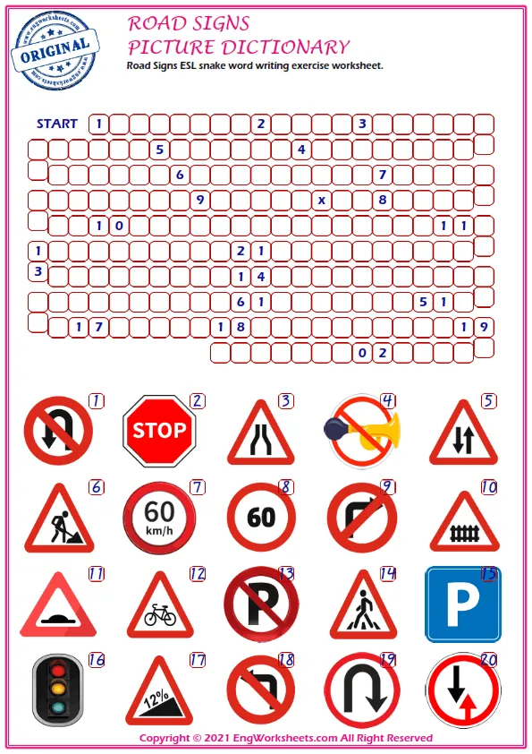 Road Signs ESL snake word writing exercise worksheet. Worksheet Preview