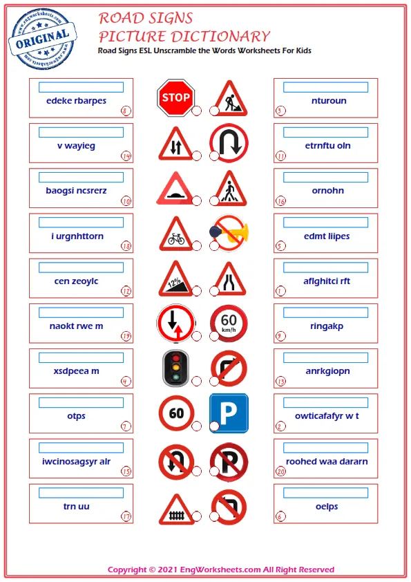 Road Signs ESL Unscramble the Words Worksheets For Kids Worksheet Preview