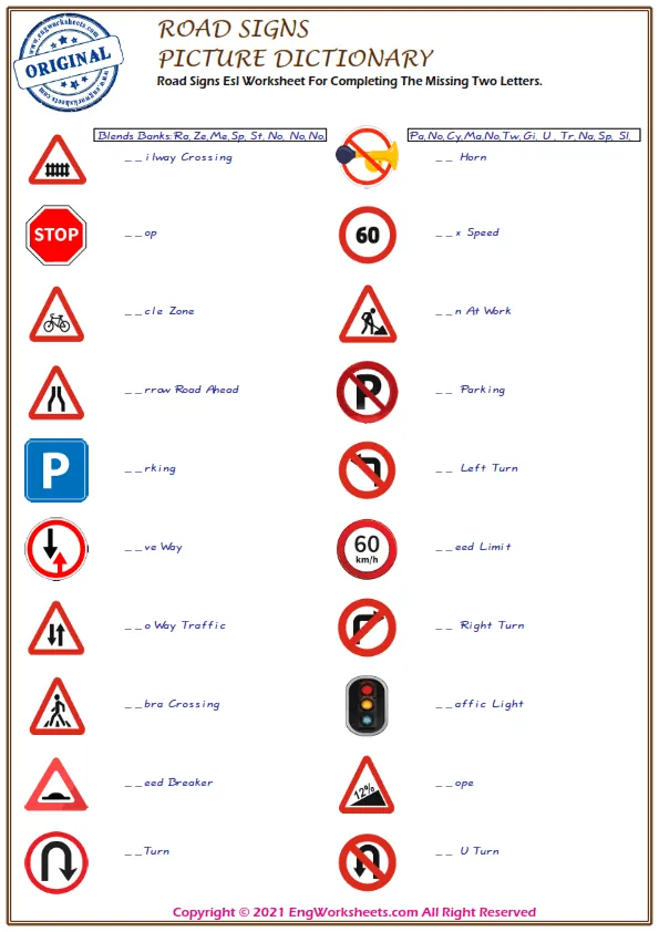 Road Signs Esl Worksheet For Completing The Missing Two Letters. Worksheet Preview