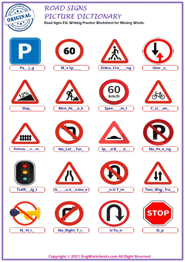 Road Signs ESL Writing Practice Worksheet for Missing Words. Worksheet Preview