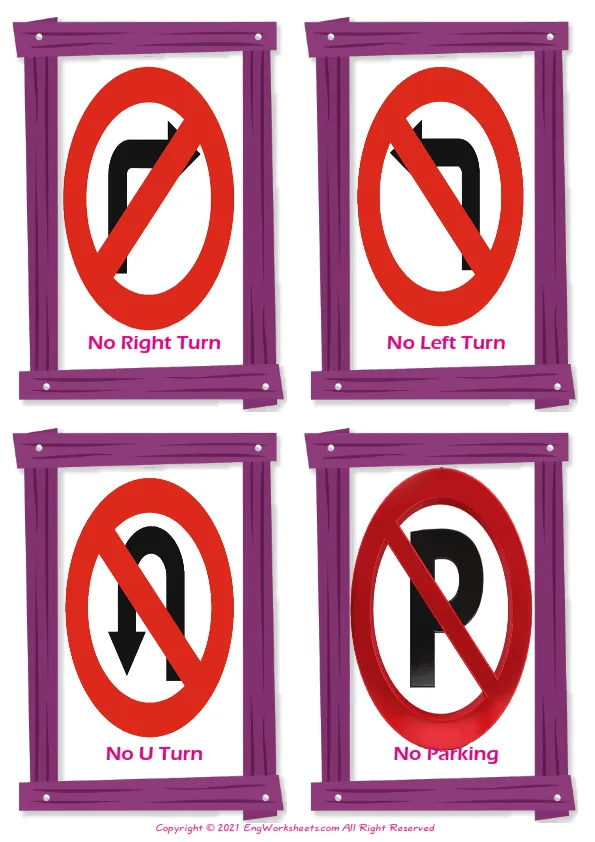 Road Signs vocabulary worksheet with words, four images per page