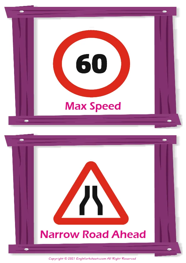 Road Signs vocabulary worksheet with words, two images per page