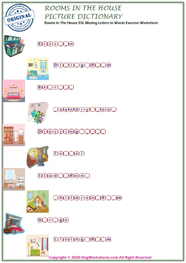 Rooms In The House ESL Missing Letters In Words Exercise Worksheet Worksheet Preview