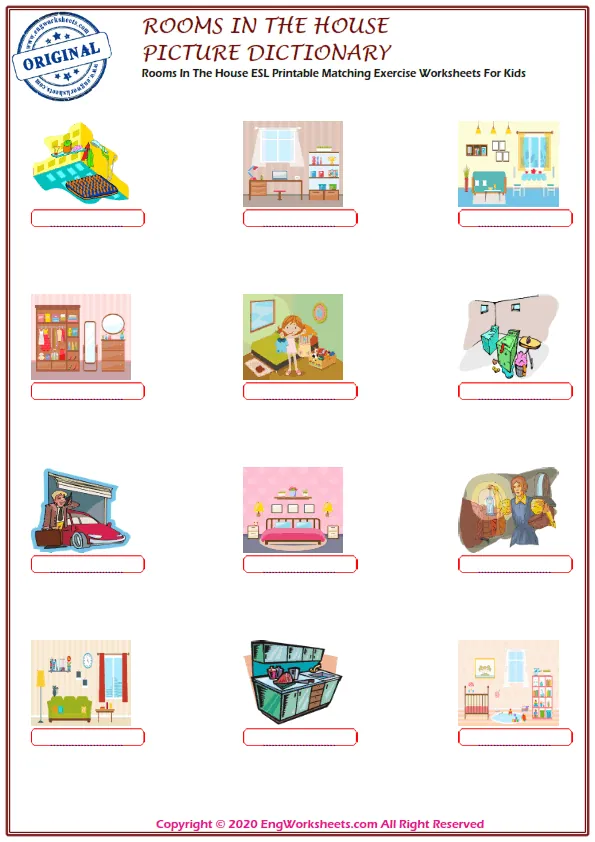 Rooms In The House ESL Printable Matching Exercise Worksheets For Kids Worksheet Preview