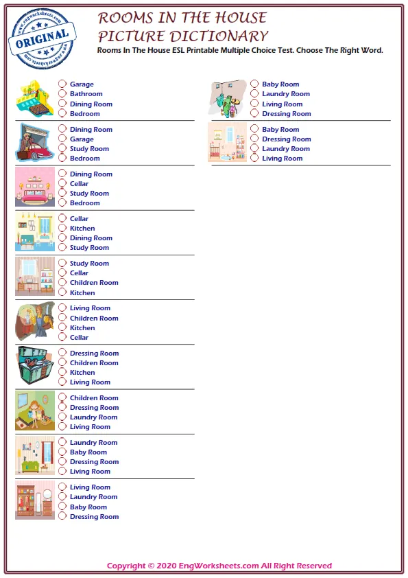 Rooms In The House ESL Printable Multiple Choice Test. Choose The Right Word. Worksheet Preview