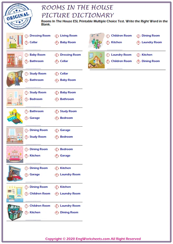 Rooms In The House ESL Printable Multiple Choice Test. Write the Right Word in the Blank. Worksheet Preview