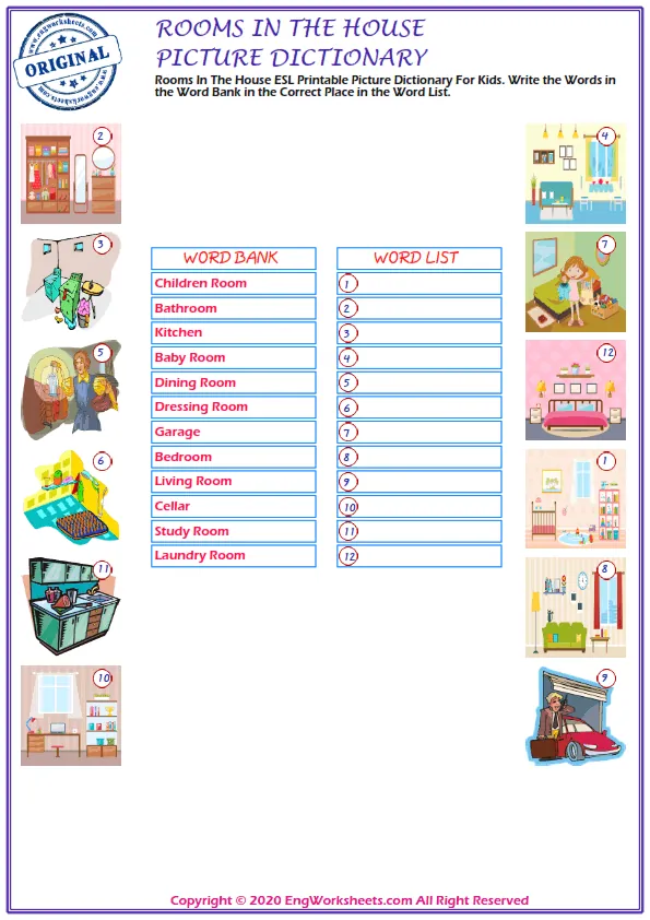 Rooms In The House ESL Printable Picture Dictionary For Kids. Write the Words in the Word Bank in the Correct Place in the Word List. Worksheet Preview