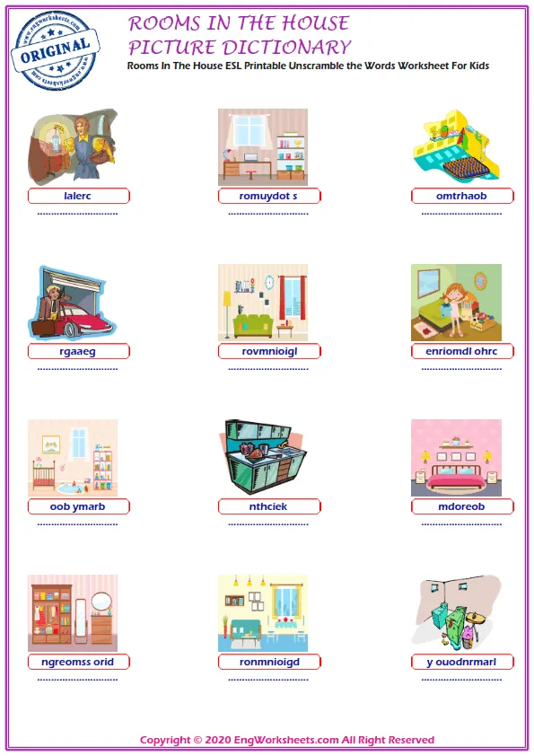 Rooms In The House ESL Printable Unscramble the Words Worksheet For Kids Worksheet Preview