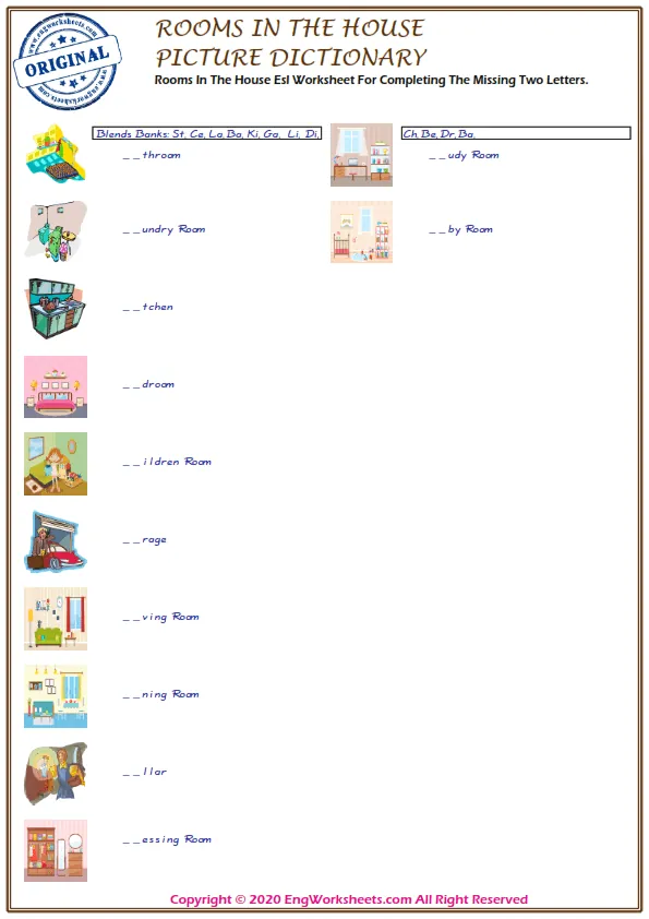 Rooms In The House Esl Worksheet For Completing The Missing Two Letters. Worksheet Preview