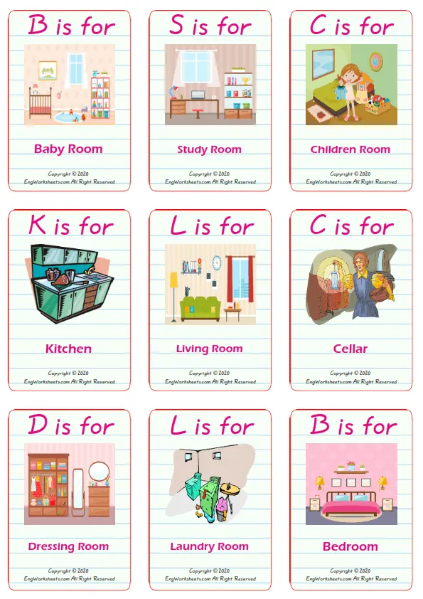Rooms In The House vocabulary worksheet with words, nine images per page Worksheet Preview