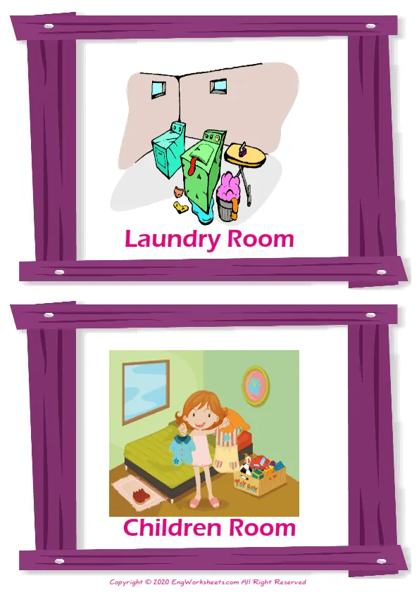 Rooms In The House vocabulary worksheet with words, two images per page Worksheet Preview