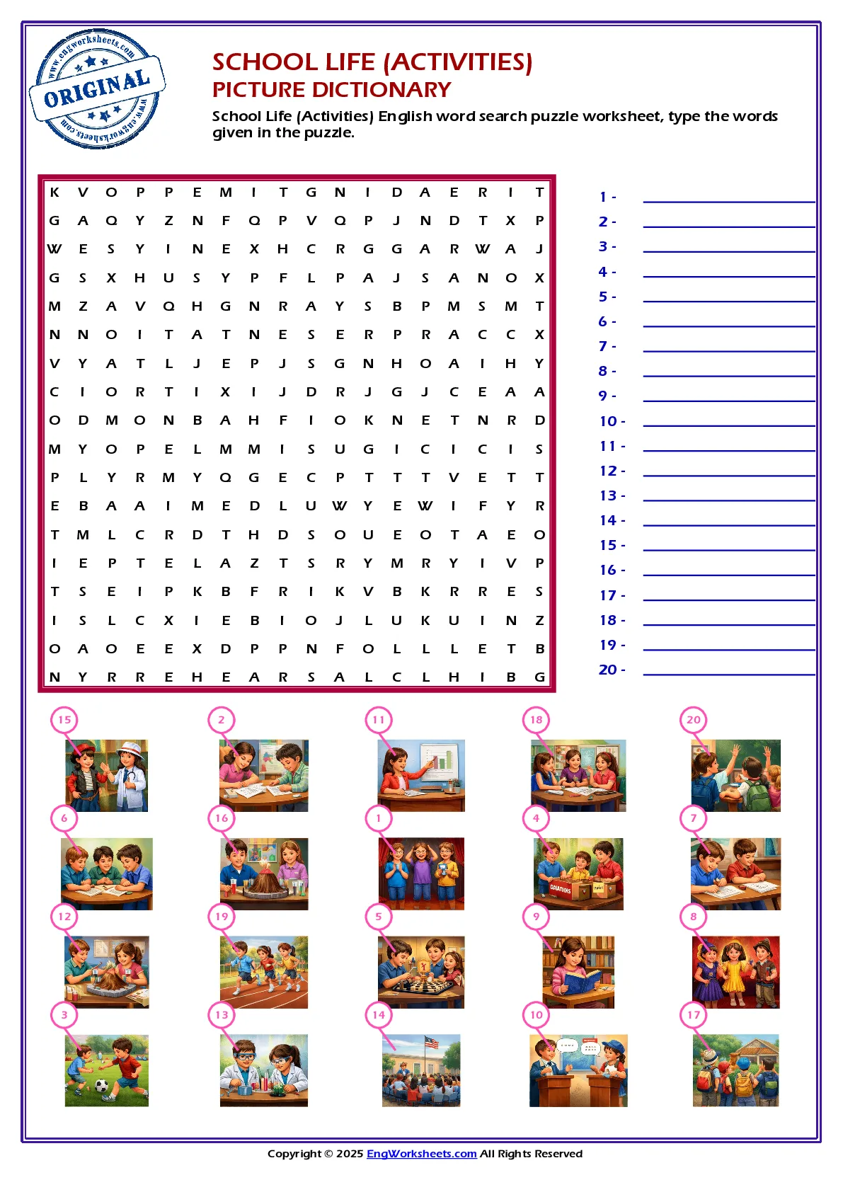 School Life (Activities) English word search puzzle worksheet, type the words given in the puzzle. Worksheet Preview