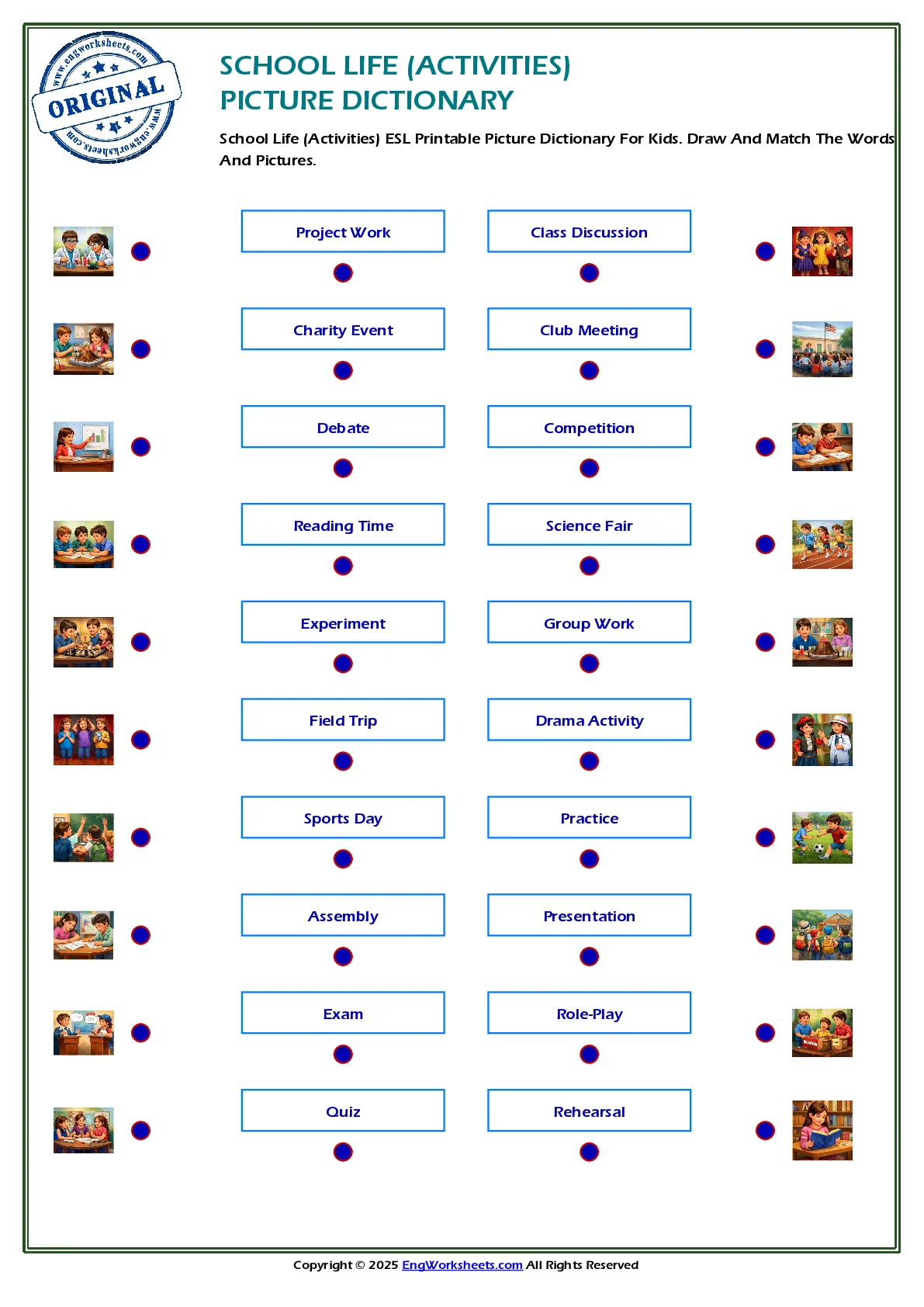 School Life (Activities) ESL Printable Picture Dictionary For Kids. Draw And Match The Words And Pictures. Worksheet Preview