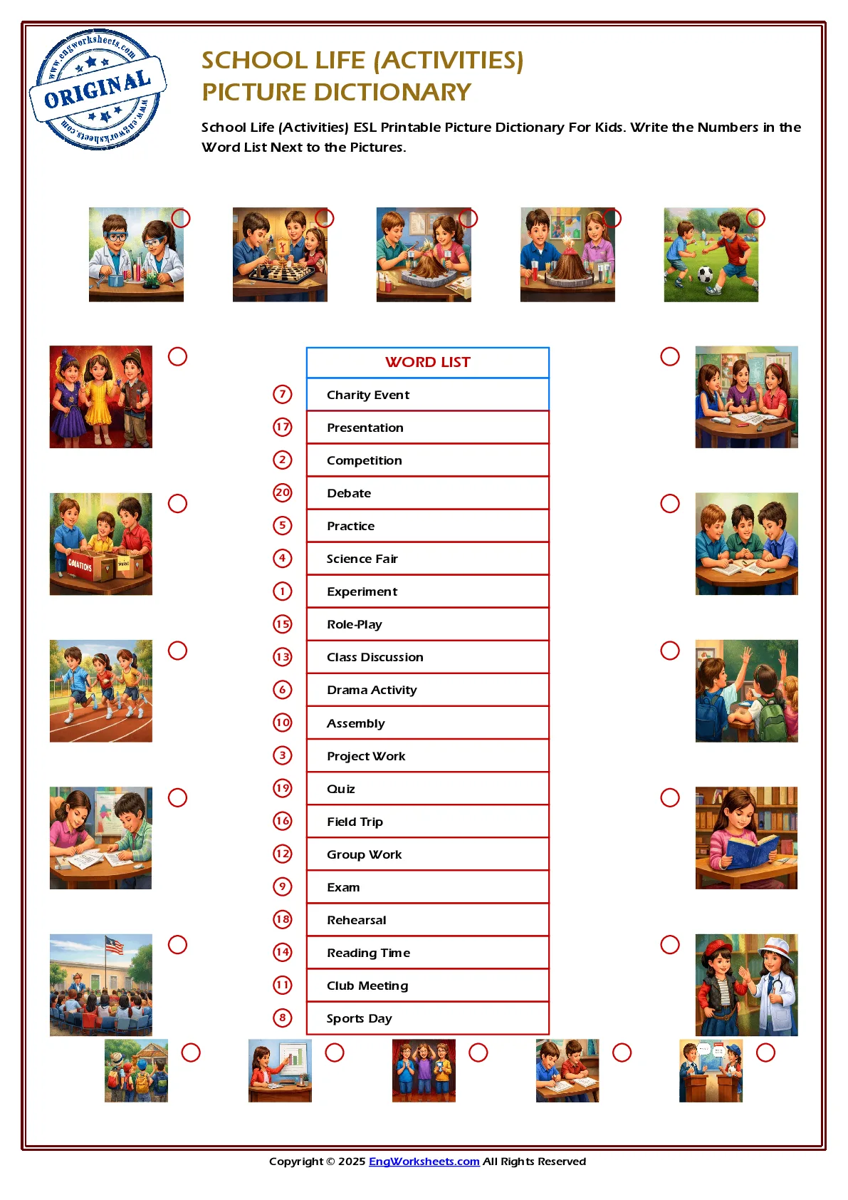 School Life (Activities) ESL Printable Picture Dictionary For Kids. Write the Numbers in the Word List Next to the Pictures. Worksheet Preview