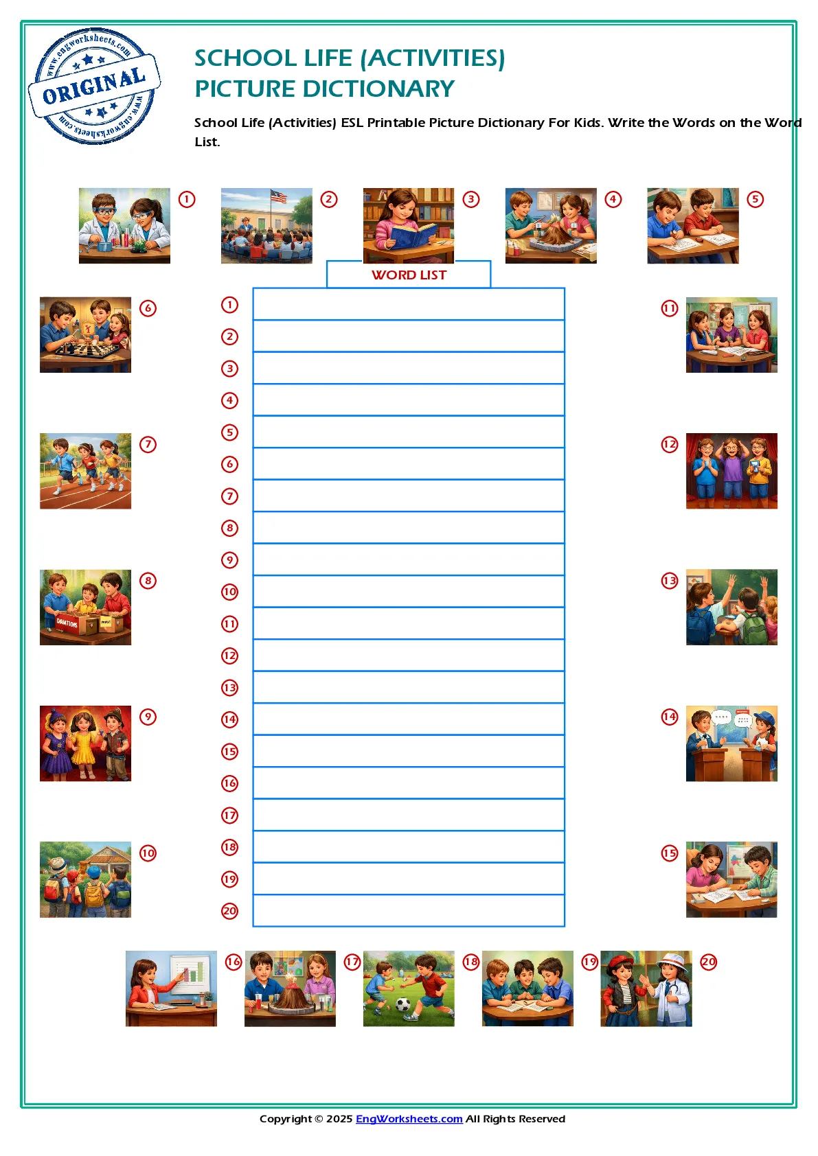 School Life (Activities) ESL Printable Picture Dictionary For Kids. Write the Words on the Word List. Worksheet Preview