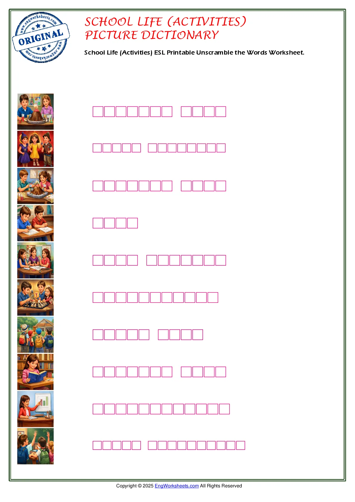 School Life (Activities) ESL Printable Unscramble the Words Worksheet. Worksheet Preview