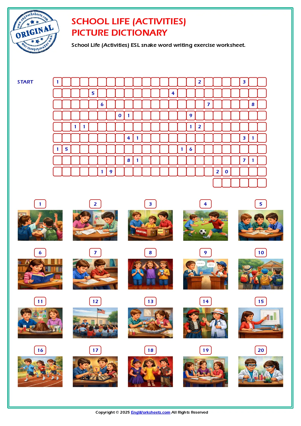 School Life (Activities) ESL snake word writing exercise worksheet. Worksheet Preview