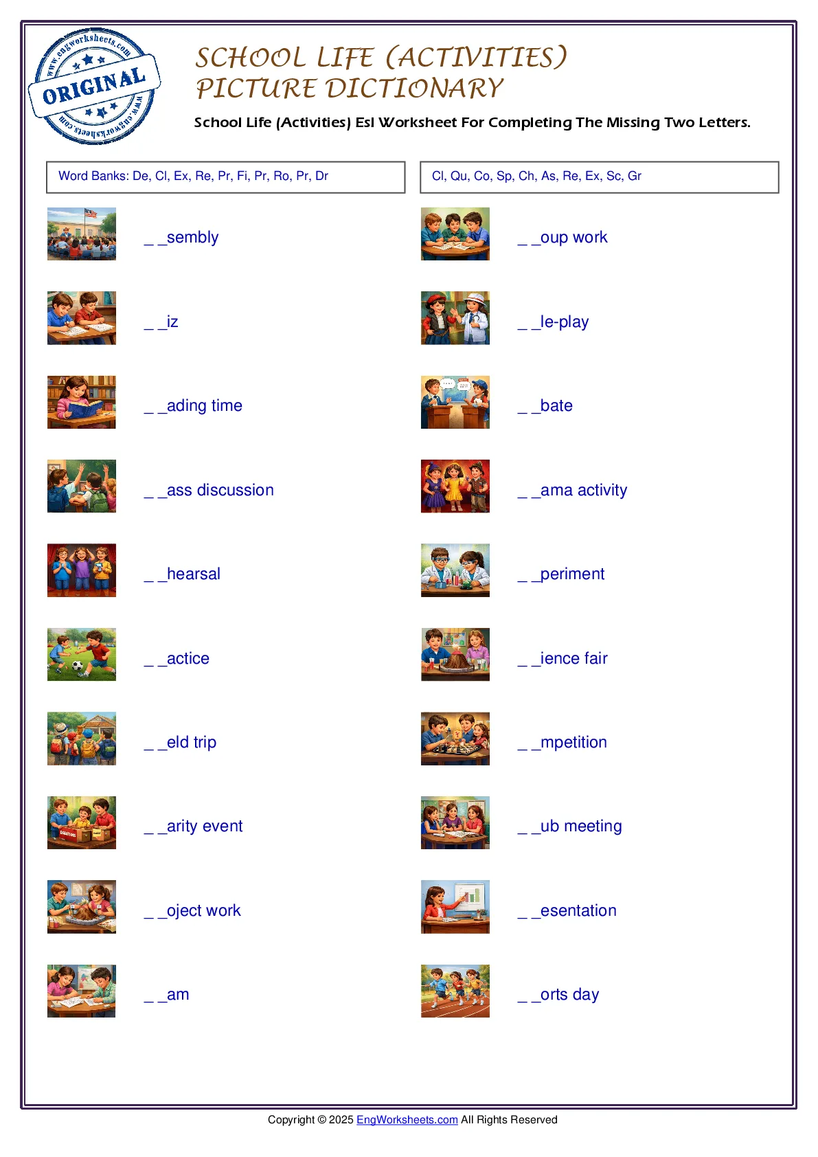 School Life (Activities) Esl Worksheet For Completing The Missing Two Letters. Worksheet Preview