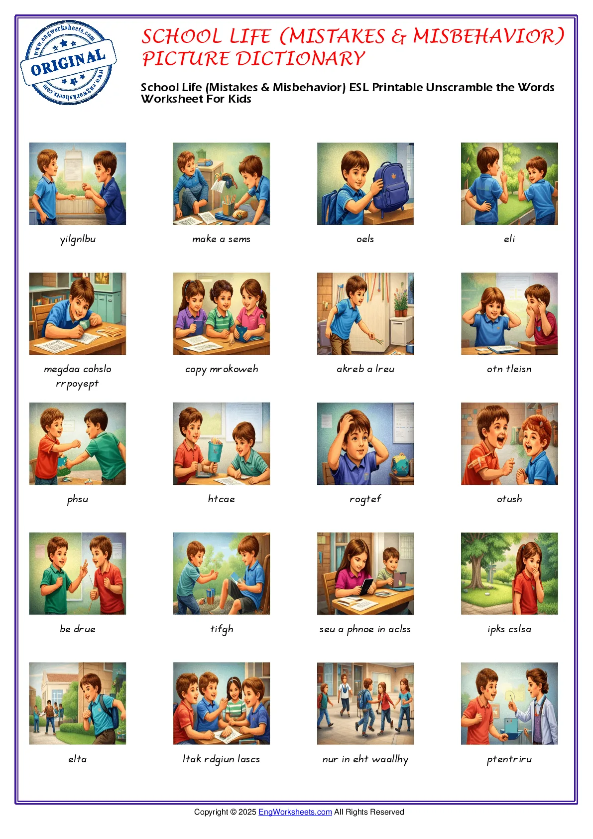 School Life (Mistakes & Misbehavior) ESL Printable Unscramble the Words Worksheet For Kids Worksheet Preview
