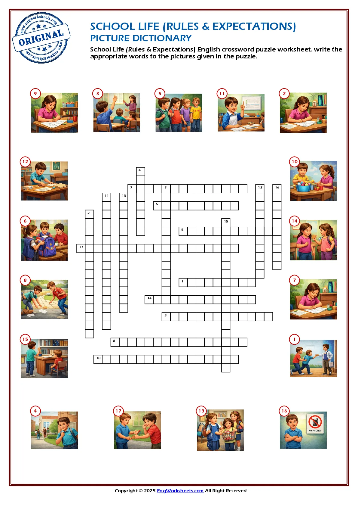 School Life (Rules & Expectations) English crossword puzzle worksheet, write the appropriate words to the pictures given in the puzzle. Worksheet Preview