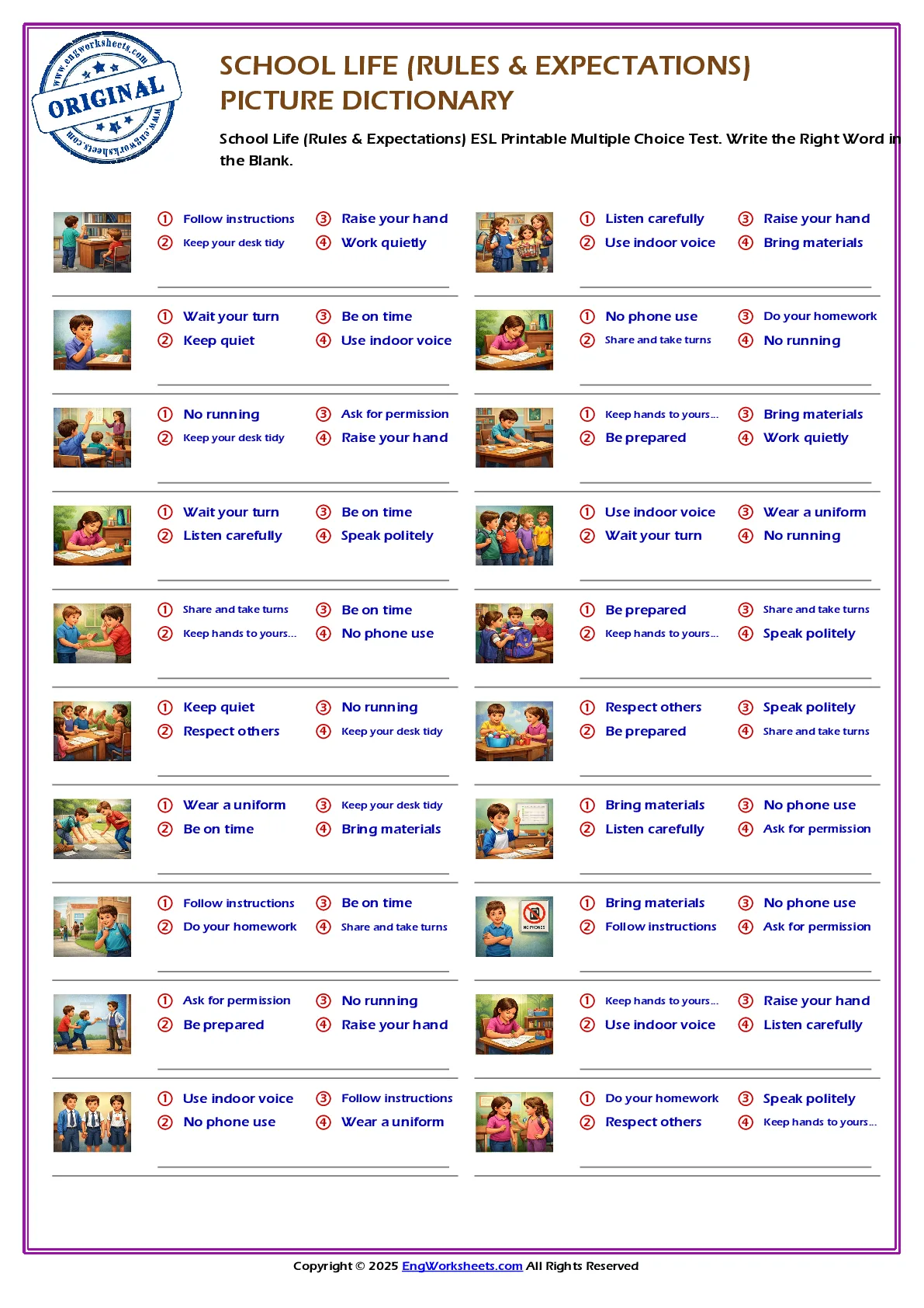 School Life (Rules & Expectations) ESL Printable Multiple Choice Test. Write the Right Word in the Blank. Worksheet Preview