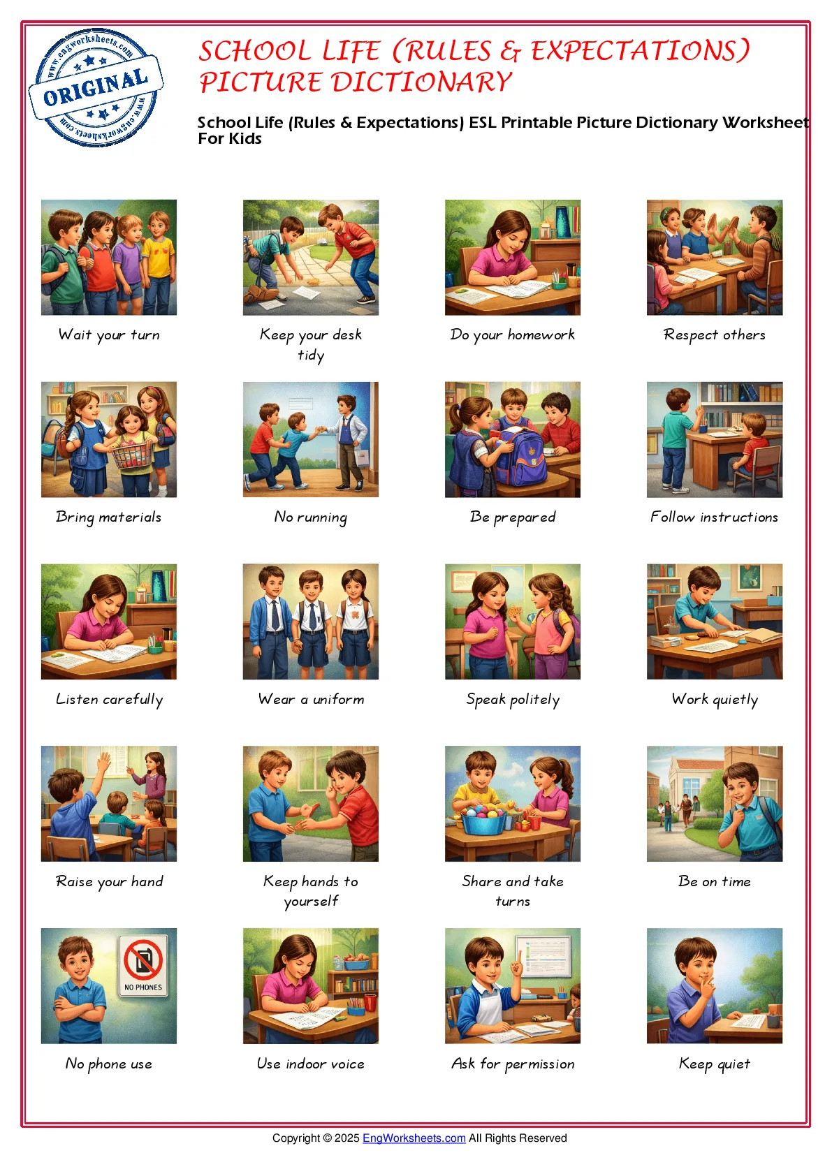 School Life (Rules & Expectations) ESL Printable Picture Dictionary Worksheet For Kids Worksheet Preview