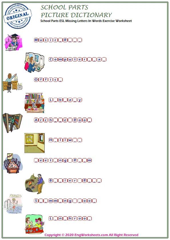 School Parts ESL Missing Letters In Words Exercise Worksheet Worksheet Preview